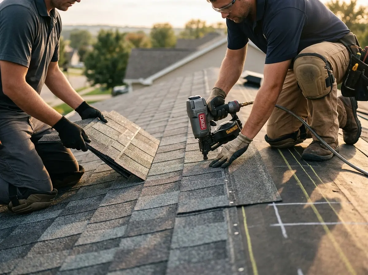 Professional roofer working on a residential roof in Burlington